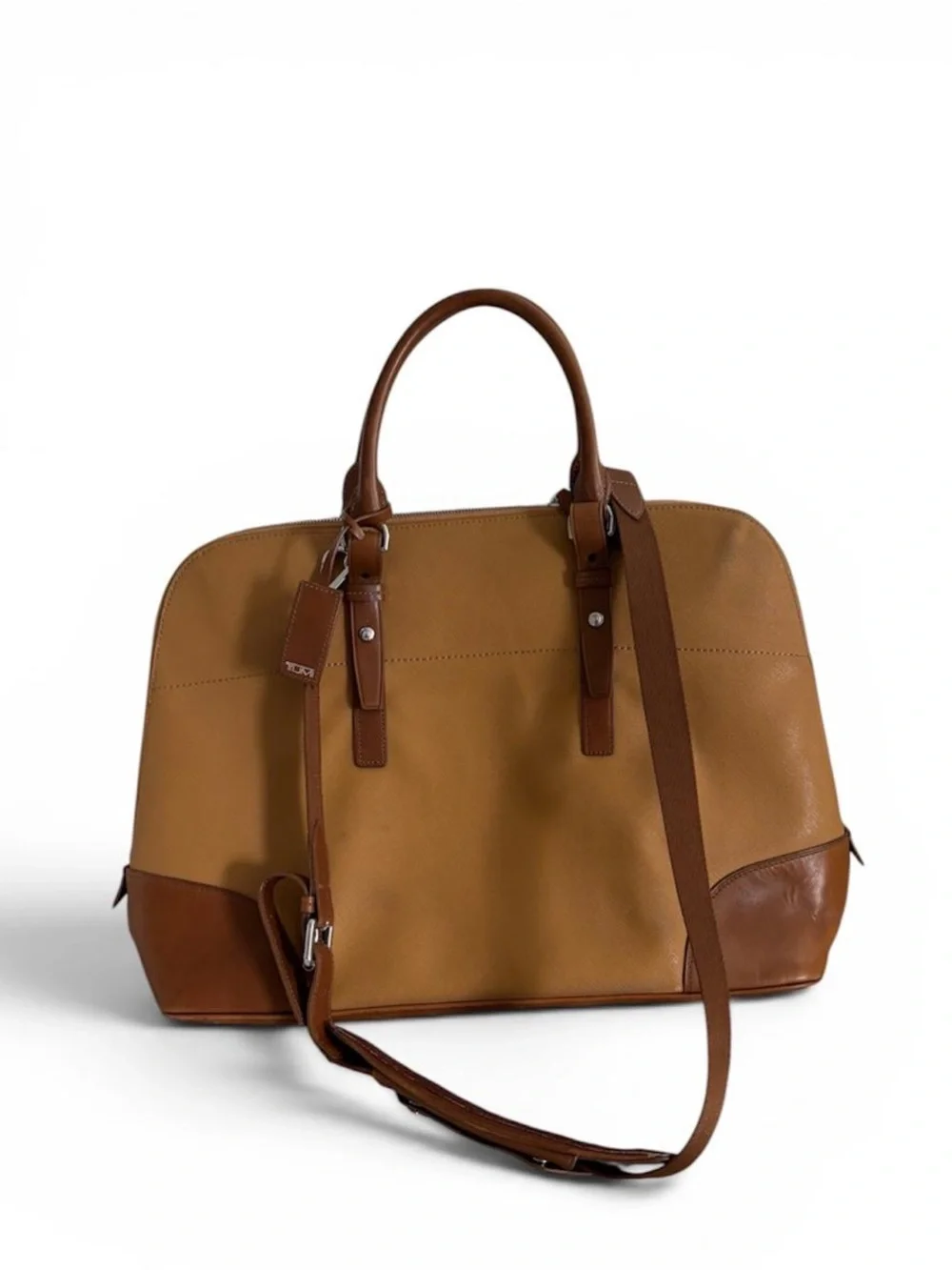 TUMI Sinclair Tegan Canvas Leather Laptop Tote Bag Natural Saddle Tan